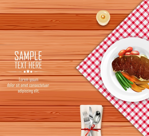 Vector filete de carne realista con verduras en la mesa de madera