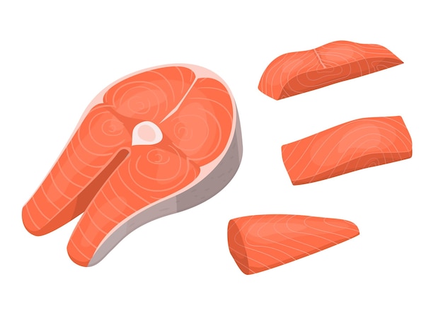 Filete de dibujos animados y trozos de salmón Conjunto Mariscos Filete fresco Elemento de concepto Estilo de diseño plano Ilustración vectorial de pescado