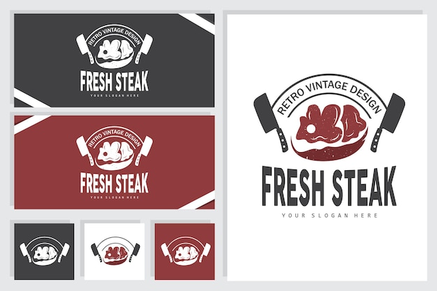 Filete Logo Vintage Retro Rústico BBQ Grill Tema Diseño Estilo Barbacoa Carne Fresca Vector Icono Símbolo Ilustración