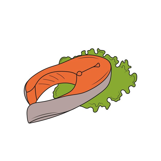 Filete de pescado de salmón en una hoja de lechuga Dibujo de arte de línea Ilustración de vector dibujado a mano