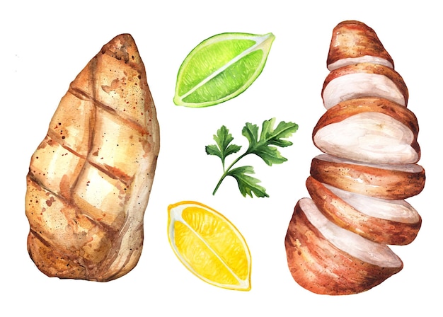 Filete de pollo entero y en rodajas Ilustración acuarela