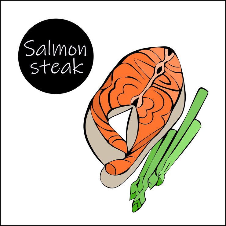 Vector filete de salmón con ramas de espárragos para cocinar concepto de comida saludable