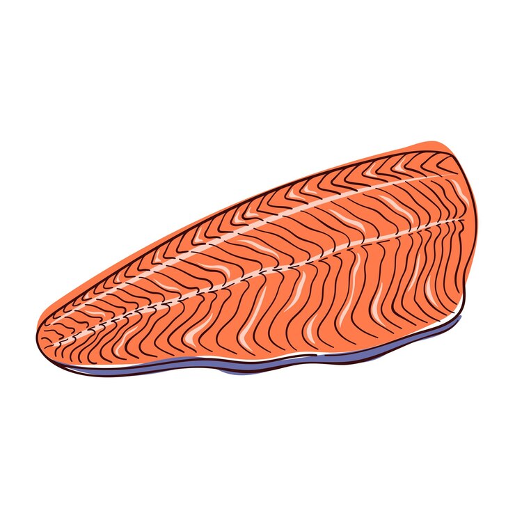 Vector filete de salmón en rodajas de estilo plano producto de pescado en pedazos frescos diseño para el menú de un restaurante de mariscos ilustración vectorial aislada sobre un fondo blanco