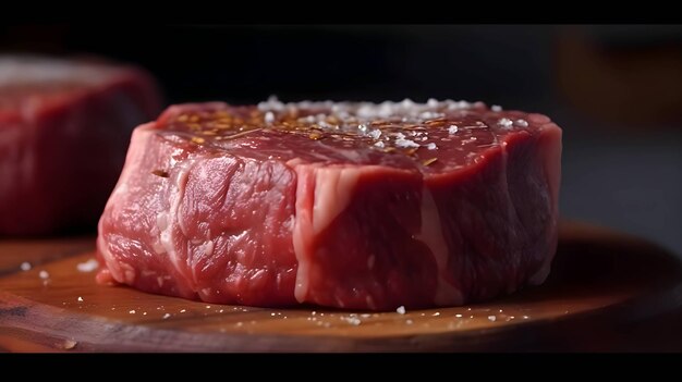 Filete de ternera cruda con especias, sal y pimienta en una tabla de madera de cocina cortada