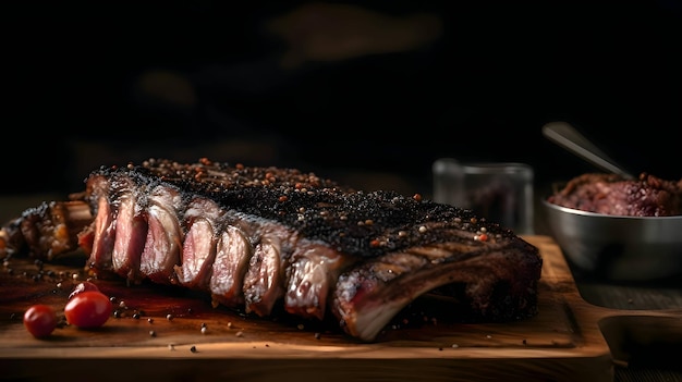 Vector filete de ternera a la parrilla con romero, chuletas de cordero, costillas de cerdo, corte de tabla de madera de cocina