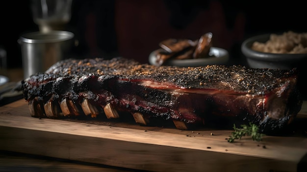 Filete de ternera a la parrilla con romero, chuletas de cordero, costillas de cerdo, corte de tabla de madera de cocina