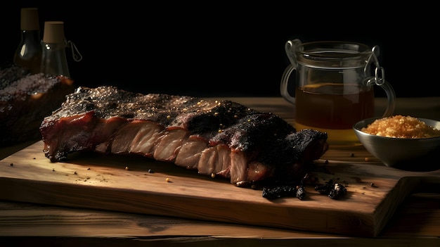 Filete de ternera a la parrilla con romero, chuletas de cordero, costillas de cerdo, corte de tabla de madera de cocina