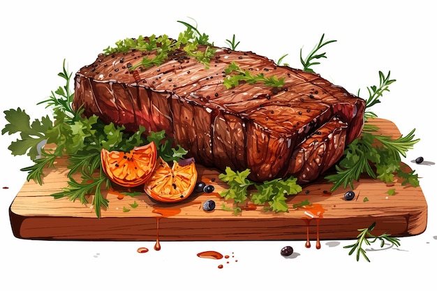 Vector filete de ternera a la parrilla sobre tabla de madera con tomates y romero aislado sobre fondo blanco.