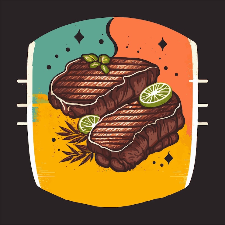 Vector filete de ternera a la parrilla con verduras ilustración dibujada a mano vector para logotipo y póster