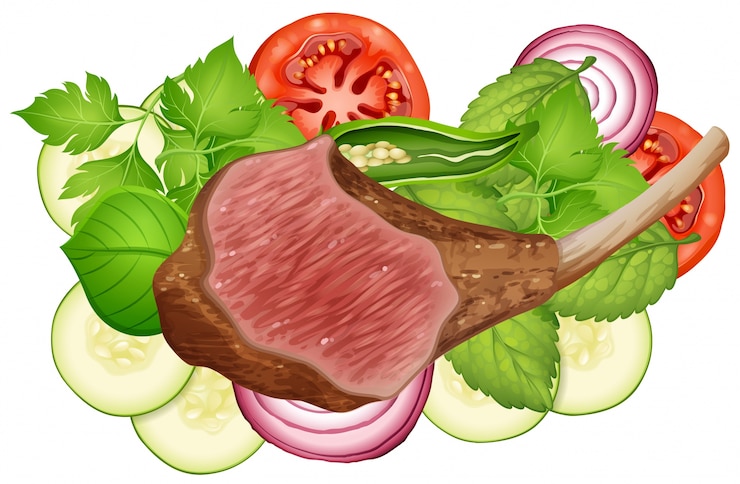 Vector filete y verduras en el fondo blanco
