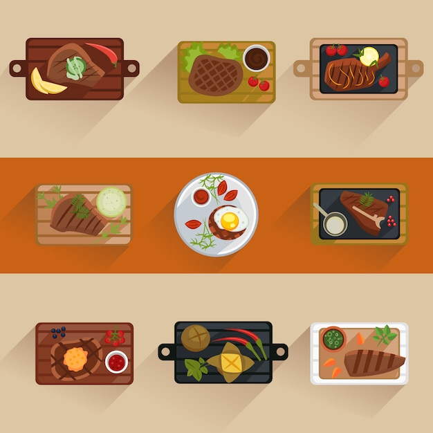 Vector filetes de carne y pescado cocina icono plano aislado