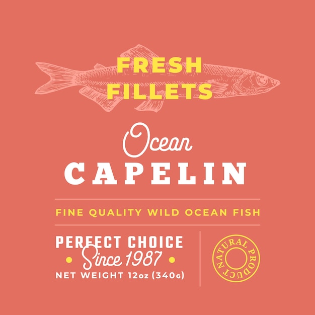 Filetes frescos Etiqueta de calidad premium Diseño de empaque de pescado vectorial abstracto Tipografía retro con bordes y fondo de silueta de capelán dibujado a mano