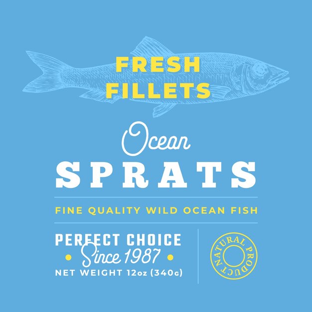 Filetes frescos Etiqueta de calidad premium Diseño de empaque de pescado vectorial abstracto Tipografía retro con bordes y fondo de silueta de espadín dibujado a mano