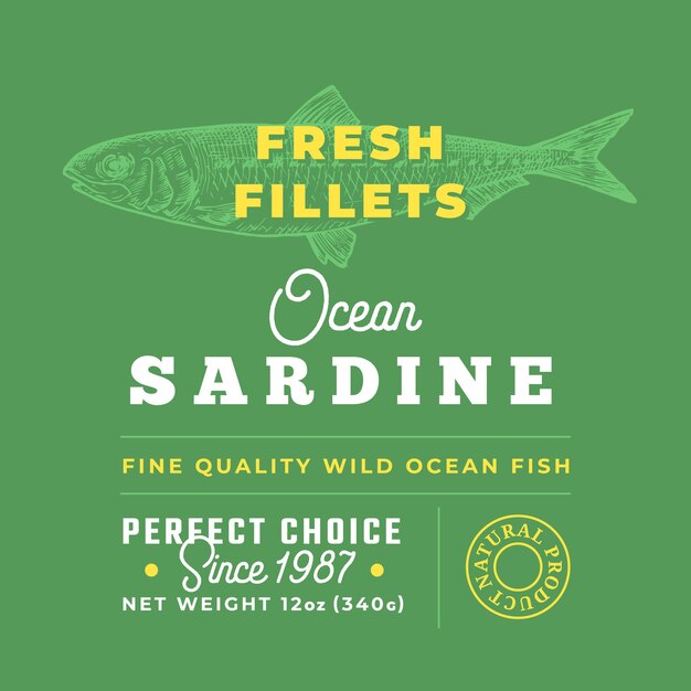 Filetes frescos etiqueta de calidad premium vector abstracto diseño de envasado de pescado diseño tipografía retro con ...