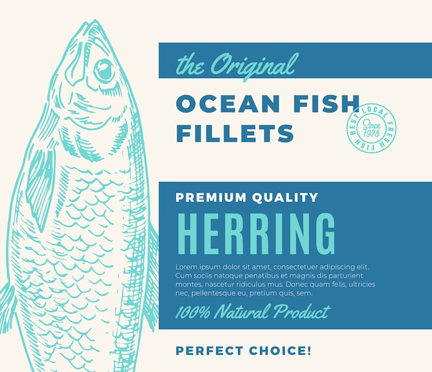 Filetes de pescado de primera calidad. Diseño de envases de pescado abstracto o etiqueta. Tipografía moderna y diseño de fondo de silueta de arenque dibujado a mano.