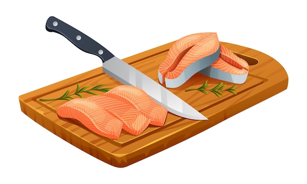 Vector filetes de salmón crudo fresco y filetes con cuchillo en la tabla de corte ilustración vectorial