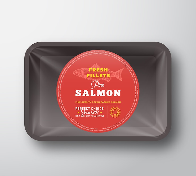 Vector filetes de salmón rosado. bandeja de plástico de pescado de vector abstracto con diseño de empaque de cubierta de celofán
