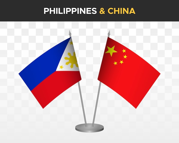 Filipinas vs china prc escritorio banderas maqueta aislado 3d vector ilustración mesa banderas