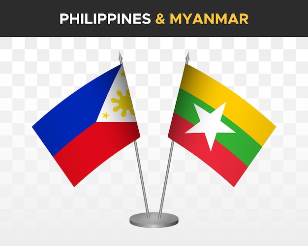 Filipinas vs myanmar burma escritorio banderas maqueta aislado 3d vector ilustración mesa banderas