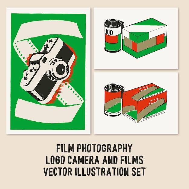 Film Photography logo cámara y películas vector ilustración conjunto