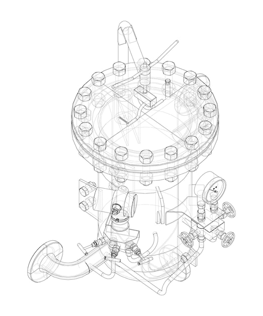 Filtro de aire industrial con grifos y manómetro. representación vectorial de 3d. estilo de marco de alambre. las capas de líneas visibles e invisibles están separadas. ortografía o isométrica