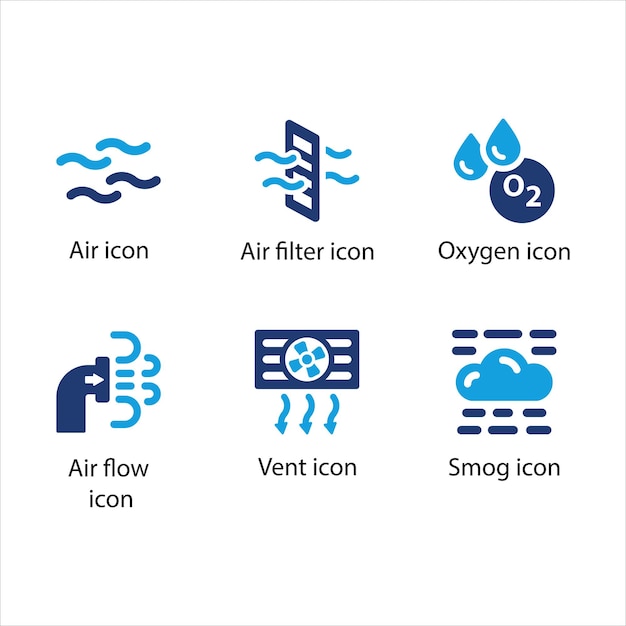 Filtro de aire Oxígeno Flujo de aire Ventilación Smog Conjunto de íconos azules