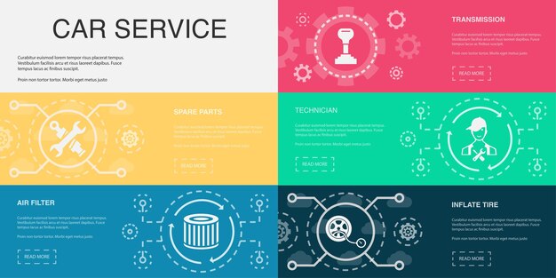 Filtro de aire de piezas de repuesto Técnico de transmisión inflar iconos de neumáticos Plantilla de diseño infográfico Concepto creativo con 5 pasos