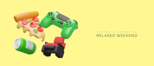 Vector fin de semana relajante pizza realista silla de cine gamepad bebida en lata