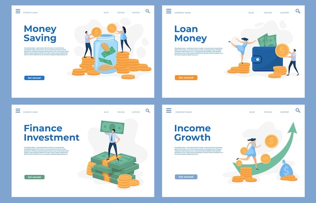 Financiar páginas de destino con personajes planos y dinero en efectivo. Conjunto de plantillas de sitios web vectoriales de ahorro, inversión empresarial, préstamos y crecimiento de ingresos. Gente rica con billetes y monedas.