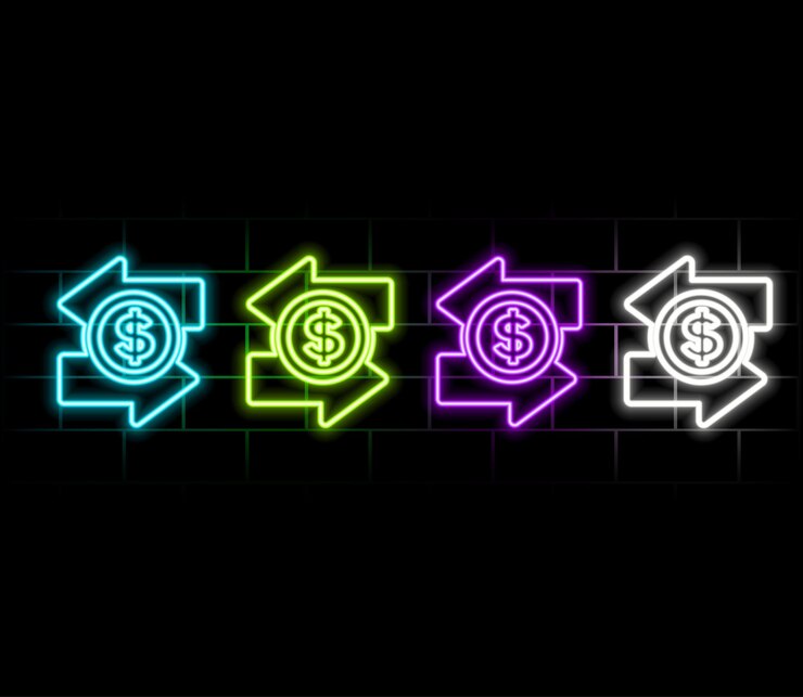 Vector finanzas dólar euro etiqueta de neón vector ilustración de la promoción de negocios color púrpura