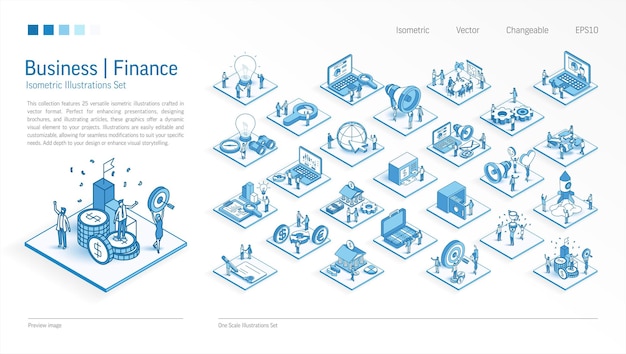 Finanzas empresariales Conjunto de ilustraciones isométricas Gente ocupada trabajo en equipo Escenas de gestión bancaria en 3D Hombres mujeres proceso de trabajo en equipo Vector Infográfico Concepto de icono de presupuesto de cuenta de mercado