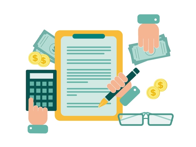 Finanzas Ilustración vectorial de contabilidad En la tableta un documento en el que una mano con un bolígrafo junto a una calculadora factura monedas gafas