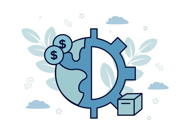 Finanzas Ilustración vectorial de forfaiting Iconos del planeta y engranajes por la mitad a los lados de las monedas de dólar y la caja contra el fondo de una planta nubes estrellas signos de dólar