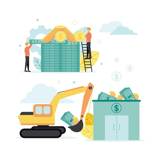 Finanzas Ilustración vectorial de préstamos La excavadora toma billetes y monedas del banco La gente con cascos está construyendo a partir de dinero contra el fondo de engranajes Signos de dólar Nubes Plantas