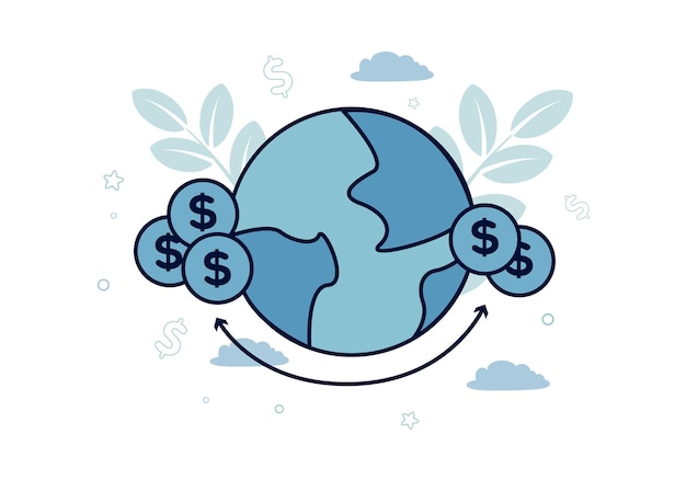 Finanzas ilustración vectorial de transferencias de dinero el planeta a los lados de las monedas de dólar en la parte inferior de la flecha que apunta a las monedas en dos lados contra el fondo de las nubes de hojas