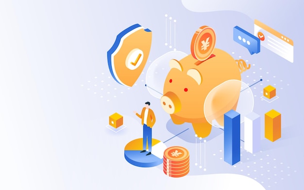 Finanzas isométricas de Internet con varias monedas de oro y personas en el fondo, ilustración vectorial