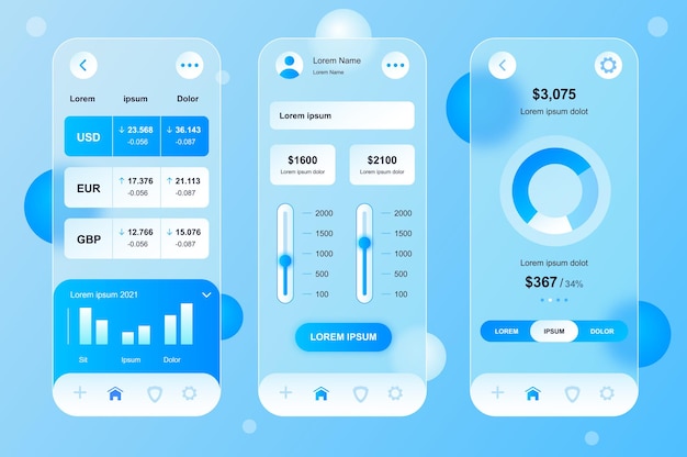 Finanzas kit de elementos neumórficos de diseño glassmórfico para aplicaciones móviles ui ux gui conjunto de pantallas