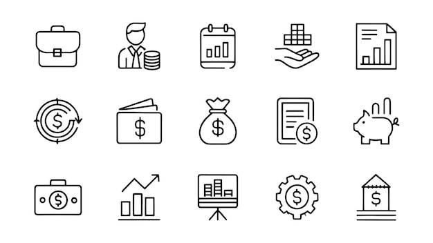 Finanzas personales ahorro de efectivo metas financieras relacionadas con las ganancias conjunto de iconos de contorno de trazos editables Ilustración vectorial en fondo blanco