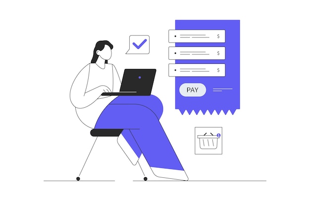 Finanzas virtuales Banca en línea Mujer haciendo compras en línea pedidos y pagos de cheques digitales
