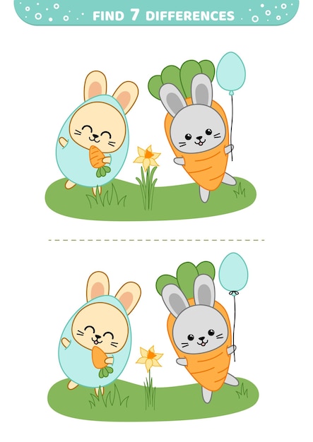 Find 7 differences Rabbits in funny Easter suits of carrot and egg Easter game Cartoon vector