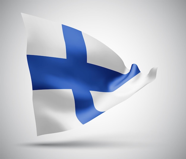 Finlandia, bandera vectorial con olas y curvas ondeando en el viento sobre un fondo blanco.
