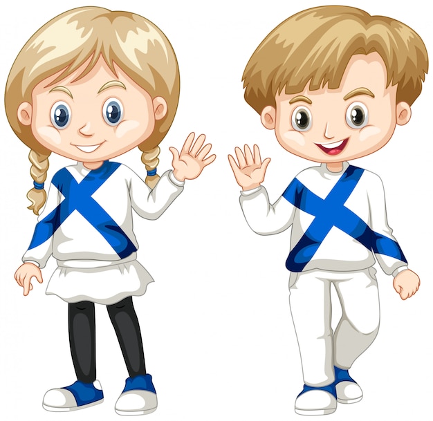 Vector finnish boy and girl saludando hola