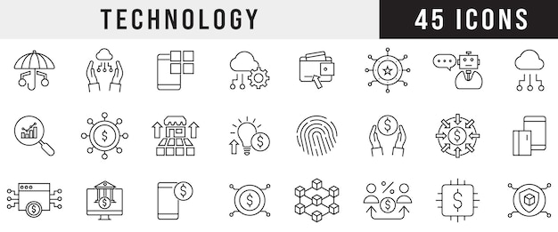 Fintech y set de iconos de tecnología con 45 iconos de línea para banca y pagos de blockchain AI