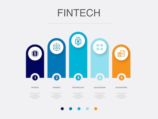 Fintech tecnología financiera blockchain iconos de contabilidad Plantilla de diseño de diseño infográfico Concepto de presentación creativa con 5 pasos