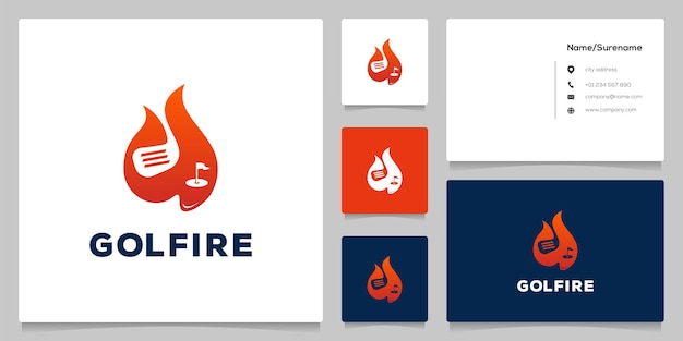 Fire hot golf club y diseño de logotipo de campo de hoyos con tarjeta de visita