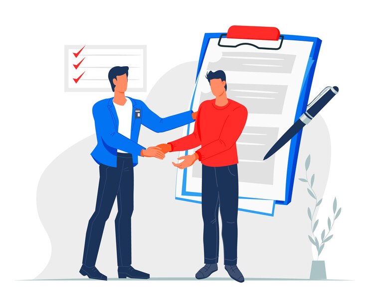 Vector firma de contrato comercial y reclutamiento con apretón de manos de vector plano de hombre de negocios aislado