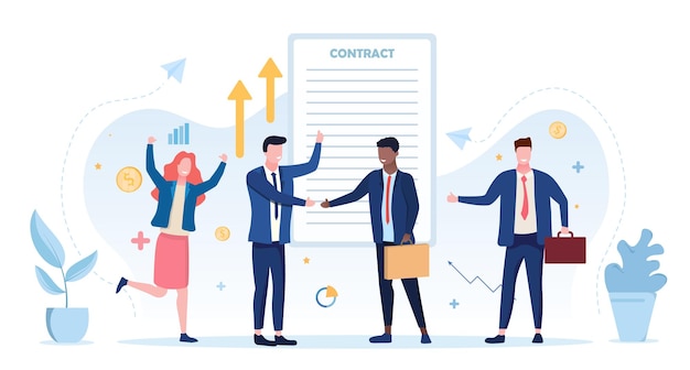 Vector firma de contratos comerciales acuerdo de negocio exitoso gente de negocios equipo de empleados aplaudiendo a los líderes