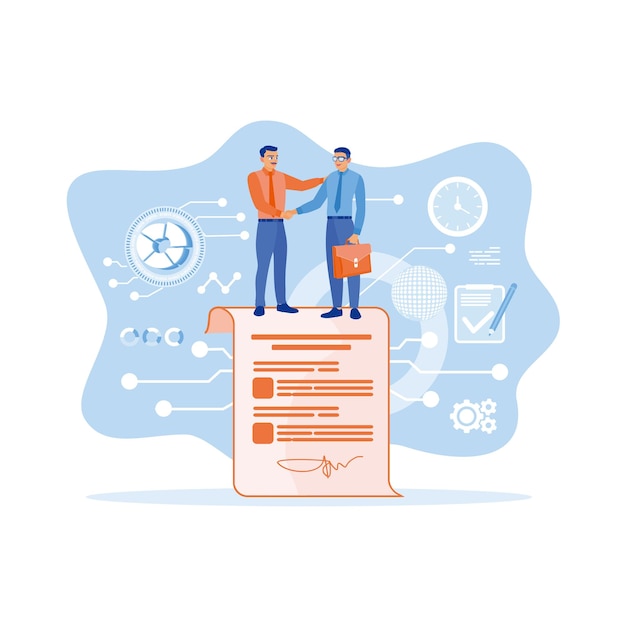 Firma de documentos de acuerdo Dos hombres de negocios estrechando la mano después de firmar documentos de trabajo Concepto de acuerdo de contrato Ilustración de vector plano