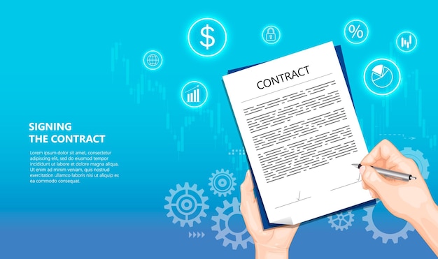 Vector firma en línea del concepto de contrato mano con pluma firmar un contrato ilustración vectorial