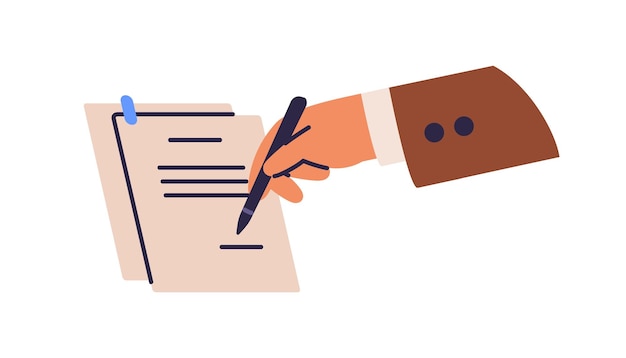 Firma a mano de un documento comercial Firma en papel Contrato acuerdo legal Conclusión de un acuerdo comercial Concepto de verificación de papeleo Ilustración vectorial plana aislada sobre fondo blanco